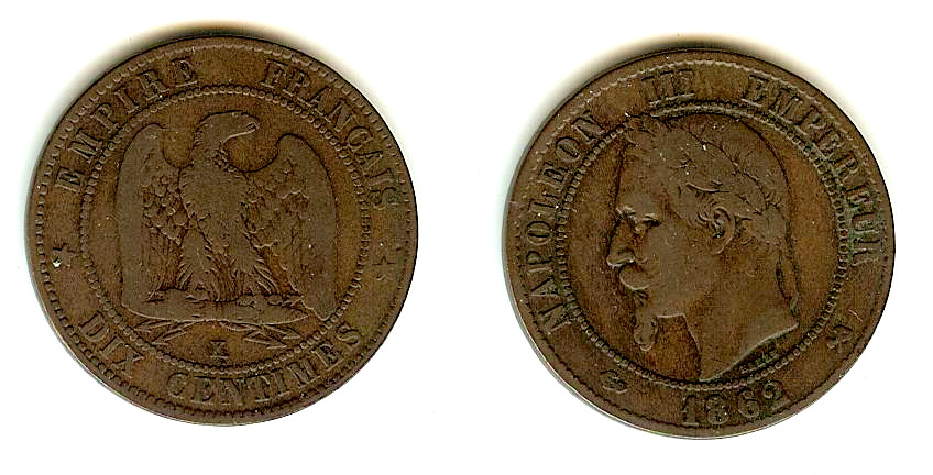 Dix centimes Napoléon III, tête laurée 1862 Bordeaux